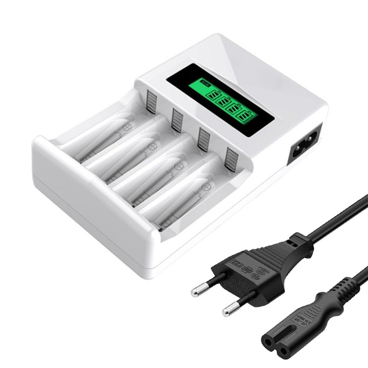 Töltő 4 akkuhoz, NUODWELL, LCD kijelző, AA/AAA tölthető, támogatja a piacon kapható 1,2V-os elektronikus eszközöket, fehér