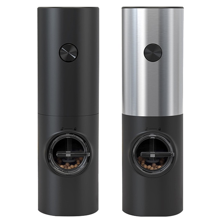 Комплект от 2 електрически мелнички за сол и черен пипер, Hggzeg, С прозрачни камери за съхранение, LED индикатор, Гравитационна индуктивност, Лесно боравене, Регулиране на дебелината на смилане, Работа на батерия, ABS/черно, Inox/Gry, 6*5.5*19cm