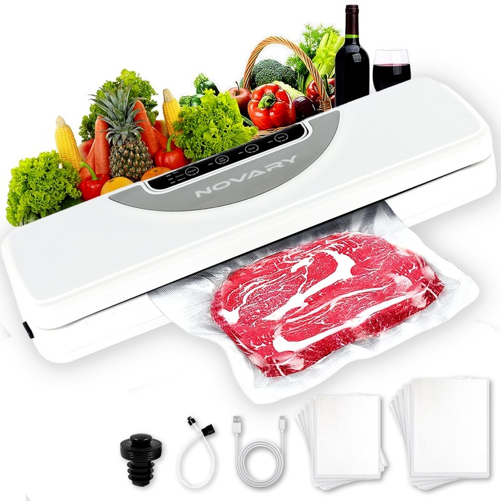 Aparat de Vidat si Sigilat Alimente Novary®, Portabil, 3 Moduri Vidare, Presiune -65kPa, Bara de Lipire 30cm, Cutter Incorporat, Capacitate 3L/min, Baterie 2000mAh, 110W, Dop Vin, Furtun Vidare, 5 Pungi 12x20cm, 5 Pungi 20x25cm, Cablu de Alimentare, Alb