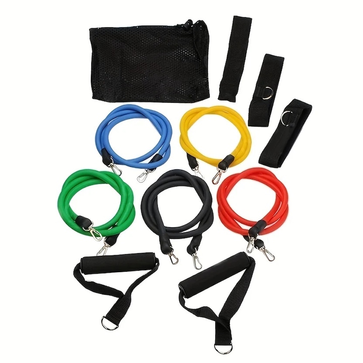Комплект фитнес ленти VENITIVO, съдържа 11 части: 5 еластични тръбни ленти, 2 дръжки, 2 ленти за крака, закрепване за врата и транспортна чанта, идеална за фитнес тренировки, многоцветна