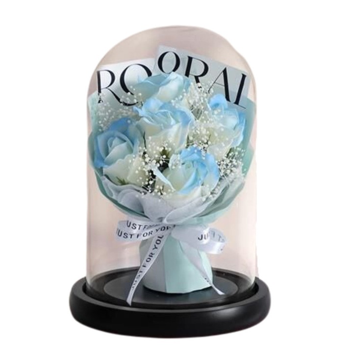 Aranjament cu trandafiri, Cupola sticla, Artificiali, Albastru, 12*18*12cm