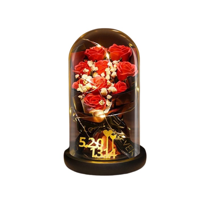 Aranjament floral, Buchet de trandafiri, Cupola sticla, 9 trandafiri, Rosu, 11*20*11cm