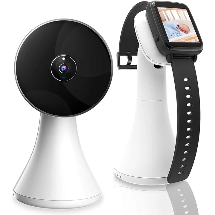 Baby Monitor Wireless Cu Smartwatch, MILARIS®, Camera de Monitorizare Bebelus, Ecran de 1.5 inch, Posibilitate de a Vorbi cu Bebe, Microfon Incorporat, Vedere Nocturna Cu Infrarosu, Monitorizare Temperatura, Cantece Leagan, Alb