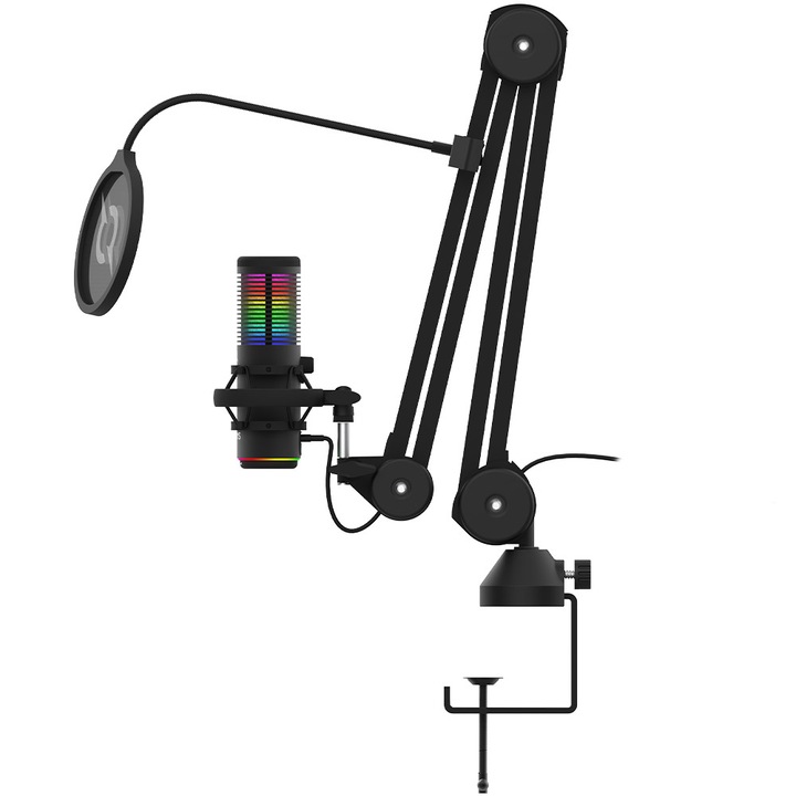 Microfon AQIRYS Galileo, shock-mount, brat articulat, stand, iluminare RGB, USB