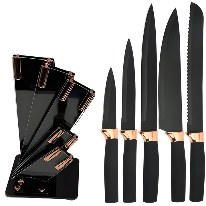 Set de 5 Cutite cu Suport Retoo, Lame din INOX, Negru-Aur Roz