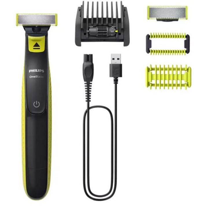Машинка за подстригване, брада и косми по тялото Philips OneBlade QP2824/20, 2 ножчета, регулируем гребен 5 в 1, черен/зелен