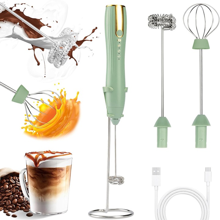 Mixer spumator de lapte 2 in 1, Yulinland®, acumulator reincarcabil USB, cu 2 capete, 3 trepte de viteza, pentru capucino, machiato, ness cafe, ciocolata calda, super portabil, cu holder, Verde