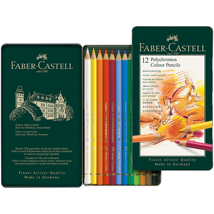 Цветни моливи Faber-Castell Polychromos, 12 цвята, Метална кутия