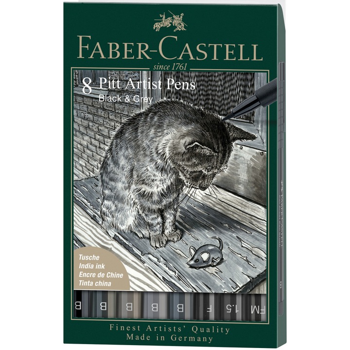 Маркери Faber-Castell Pitt Artist Pen, 8 броя, Черни и сиви, Пластмасова кутия