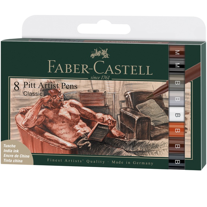 Маркери Faber-Castell Pitt Artist Pen, 8 броя, Класически нюанси, Пластмасова кутия