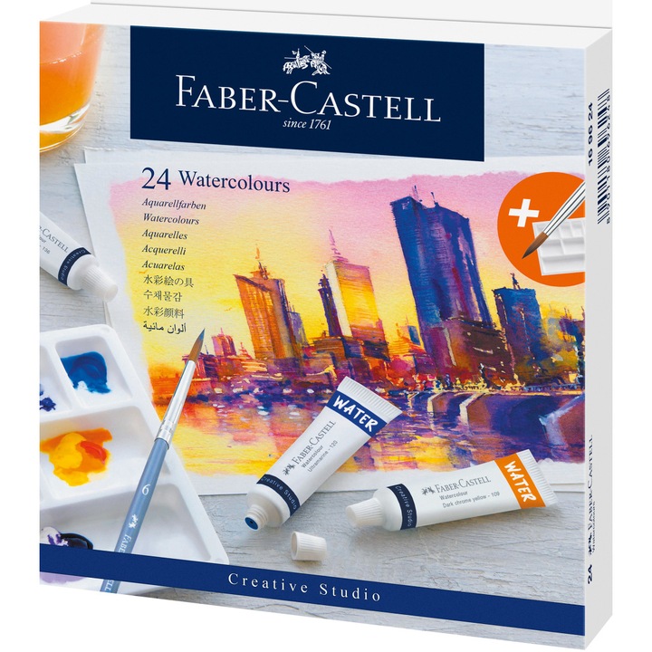 Акварелни темперни бои Faber-Castell, 9 мл, С палитра, 24 цвята/опаковка