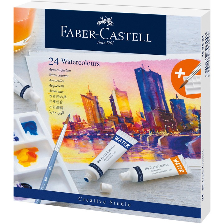 Tempera acuarele Faber-Castell, 9 ml, cu paleta, 24 culori/set