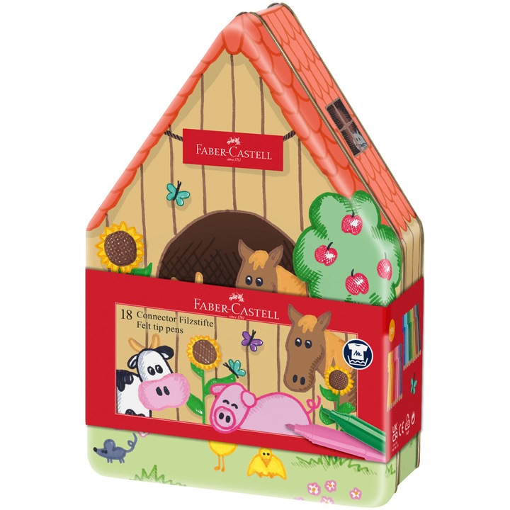Комплект флумастери Faber-Castell Connector Animal Farm,18 цвята/комплект