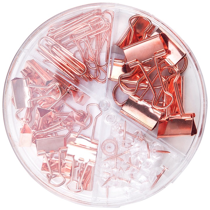 Set accesorii birou Deli agrafe + clipsuri + pioneze, auriu