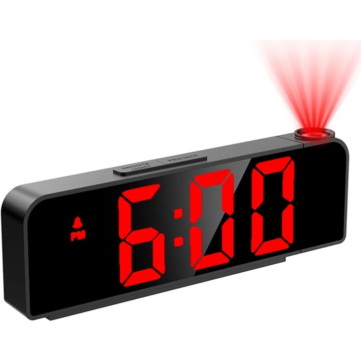 Ceas Digital de Masa cu Proiectie LED Rosu 5m – Alarma, Termometru si Functie Snooze, Dimensiuni 20x8cm, Luminozitate Ajustabila