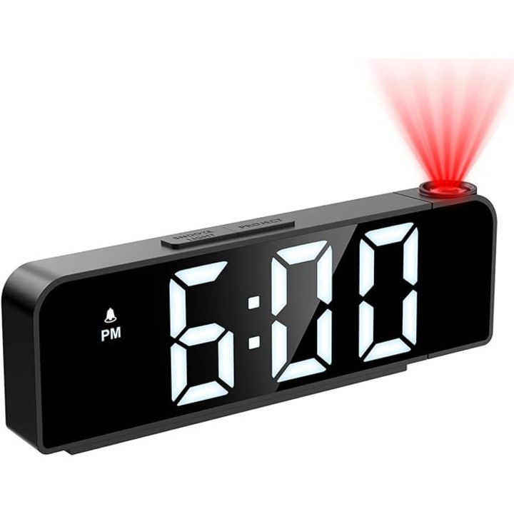 Ceas Digital de Masa cu Proiectie LED Alb 5m – Termometru, Alarma, Snooze, Luminozitate Ajustabila, Dimensiuni 20x8cm pentru Birou