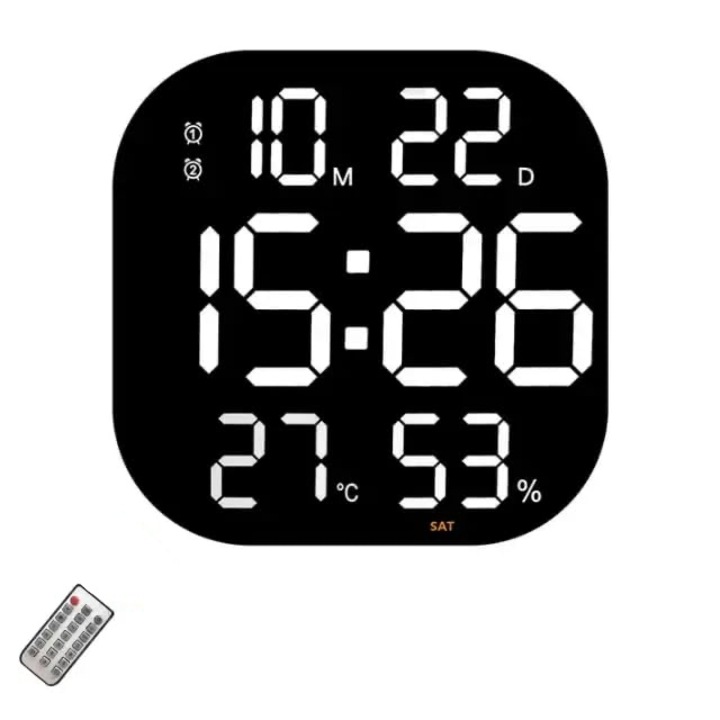 Цифров настолен и стенен часовник с бяла LED светлина, календар, хронометър, температура, аларма, термометър, функция за отлагане, регулируема яркост, 32x32 см