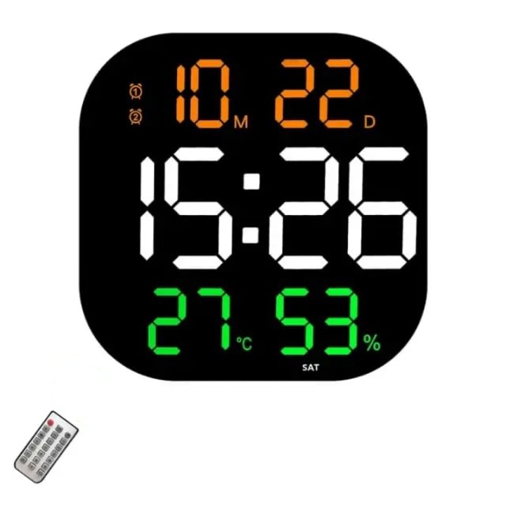Ceas Digital de Masa si Perete 32x32cm cu LED RGB, Calendar, Cronometru, Alarma, Termometru si Snooze – Functie de Luminozitate Ajustabila