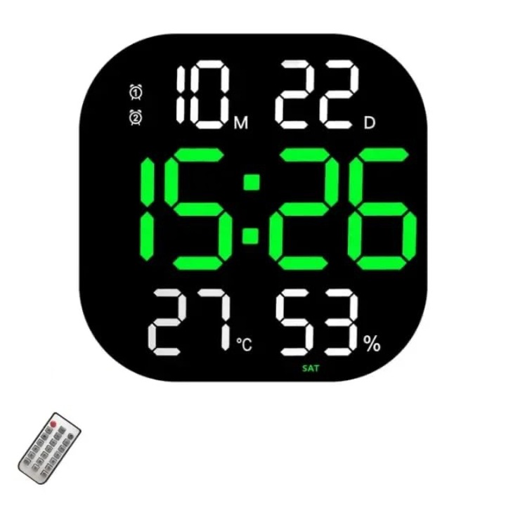 Цифров настолен и стенен часовник със зелена LED светлина, хронометър, календар, температура, аларма, термометър, функция за отлагане, регулируема яркост, 32x32 см