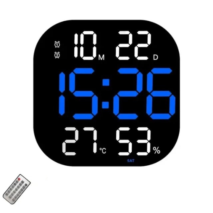 Цифров настолен и стенен часовник със синя LED светлина, календар, хронометър, температура, аларма, термометър, функция за отлагане, регулируема яркост, 32x32 см