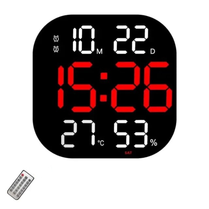 Цифров настолен и стенен часовник с червена LED светлина, хронометър, календар, температура, аларма, термометър, функция за отлагане, регулируема яркост, 32x32 см