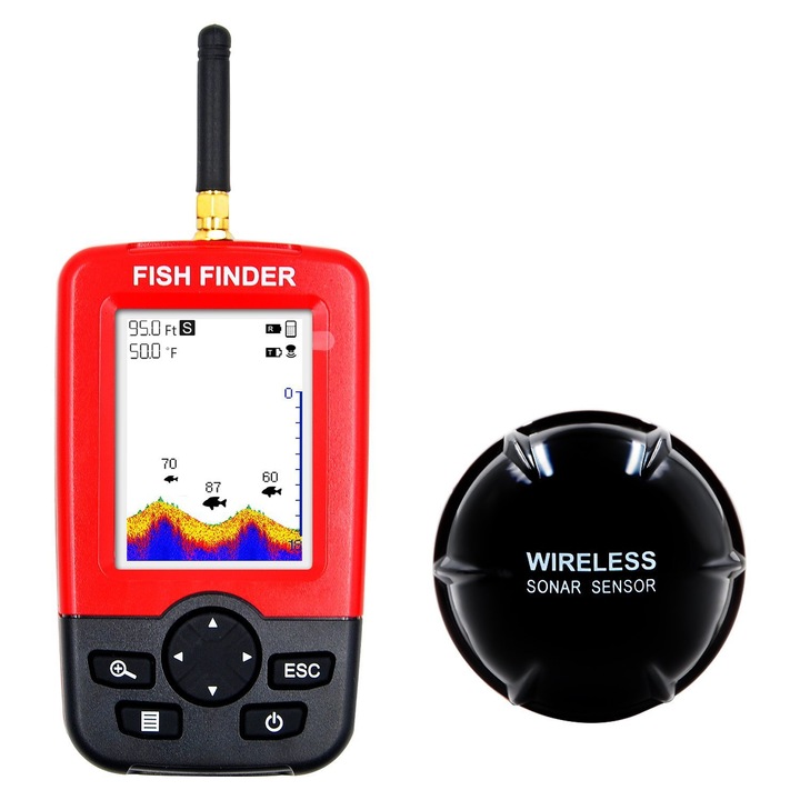 Sonar pentru pescuit PATRAZ XJ-01, display LCD color, fara fir, distanta de transmisie 100 m, adancime de transmisie 36 m, kit complet pentru agatare dupa barca de momit, Rosu