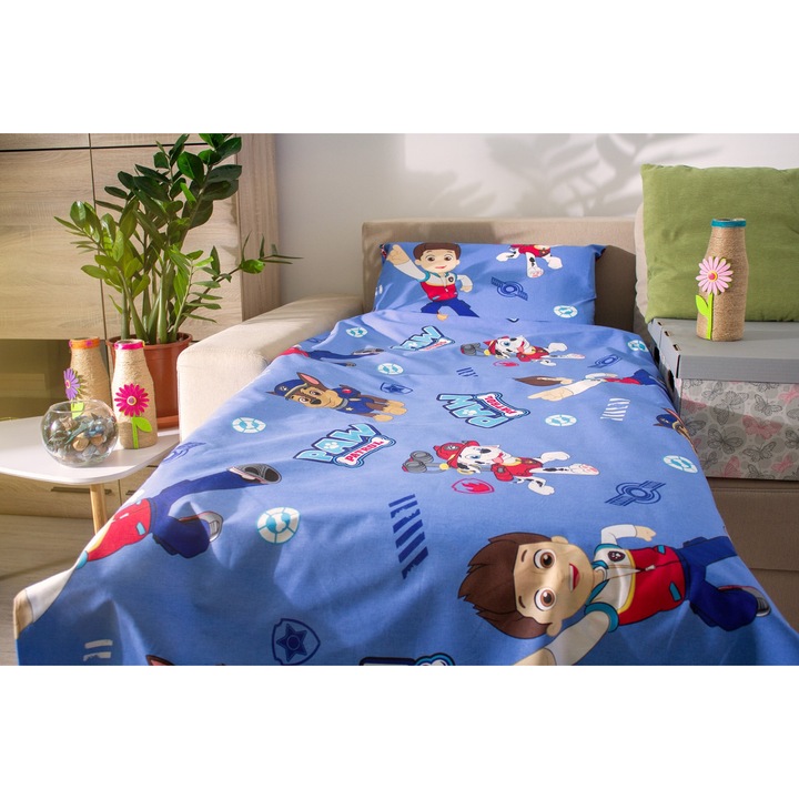 Lenjerie in 3 piese Paw Patrol pentru pat copii 2-12 ani compatibila cu saltea 160x80x12cm