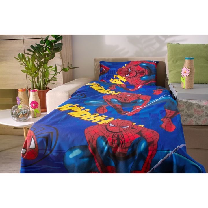Lenjerie din 3 piese, pentru pat copii 2-12 ani, cu design Spider-Man, pentru saltele 160x80x12cm