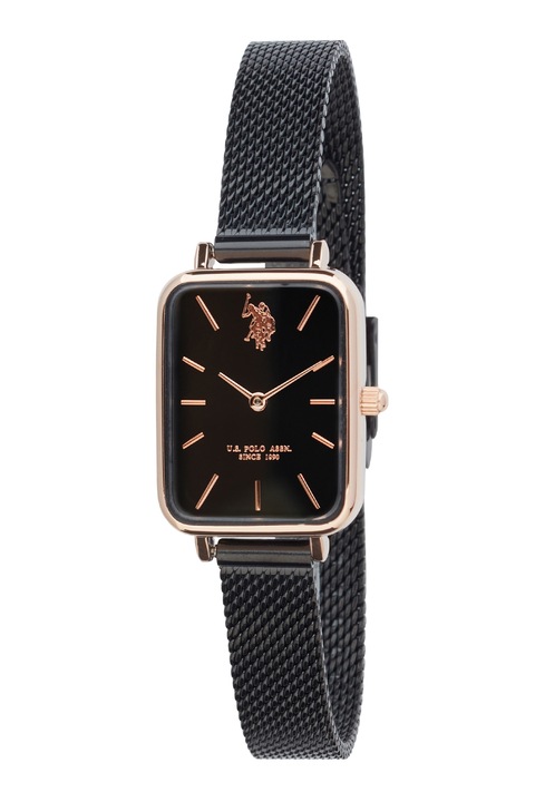 U.S. Polo Assn., Правоъгълен часовник с мрежеста верижка, Златист, Черен