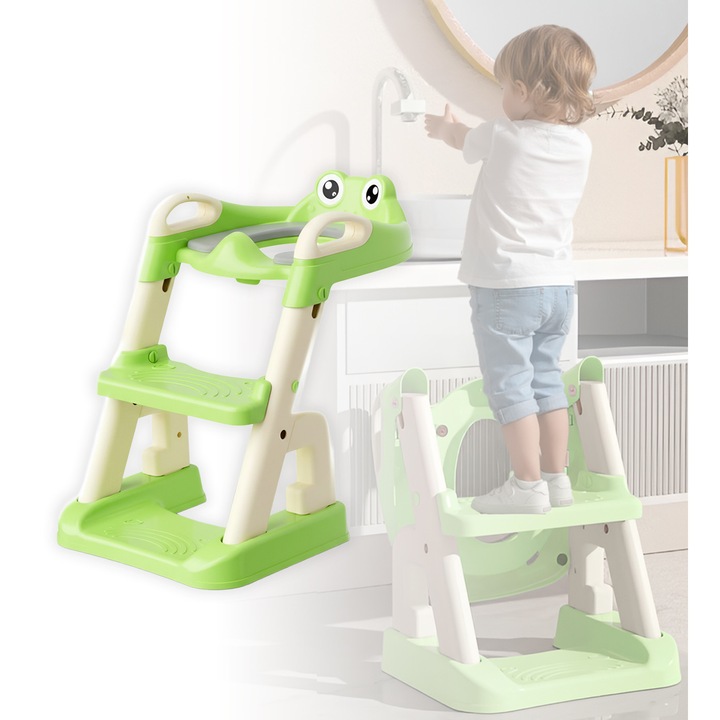 Reductor si Scaunel Inaltator WC pentru Copii +1An, LittleDomi®, 2 Trepte, Treapta Reglabila pe Inaltime, Pliabil, Portabil, Antiderapant, Anti-Stropire, Perna Moale, Manere de Sustinere, Verde