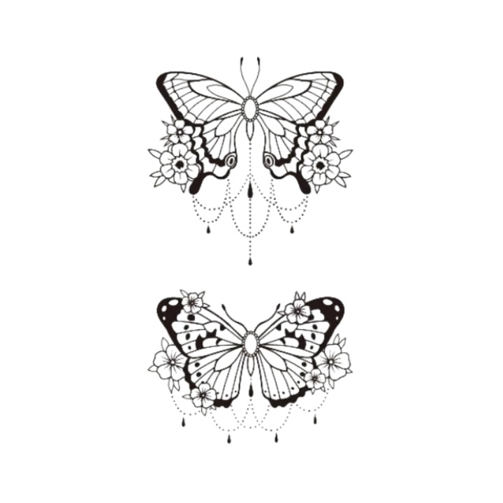 Tatuaj temporar 2 imagini, CRT, Two Butterflies and Flowers, Rezistent la apa, 10.5 x 6 cm