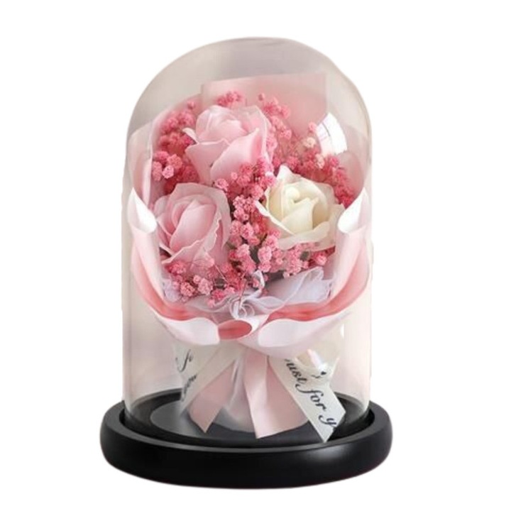 Aranjament floral, Trandafiri artificiali, Cupola sticla, Roz, 12*18*12cm