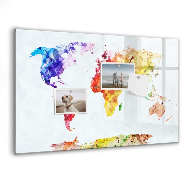 Tabla magnetica, Coloray, Harta lumii de acuarela, Multicolor, 60 x 40 cm, Magneti, Marker negru, 010640700010300088276