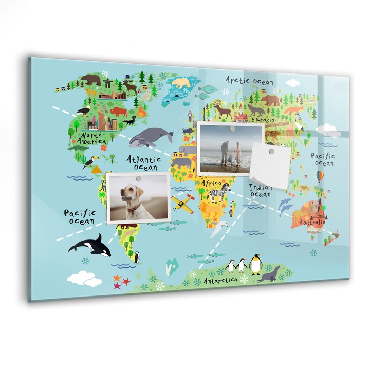 Tabla magnetica, Coloray, Harta lumii cu animale, Multicolor, 60 x 40 cm, Magneti, Marker negru, 010640700010300088784
