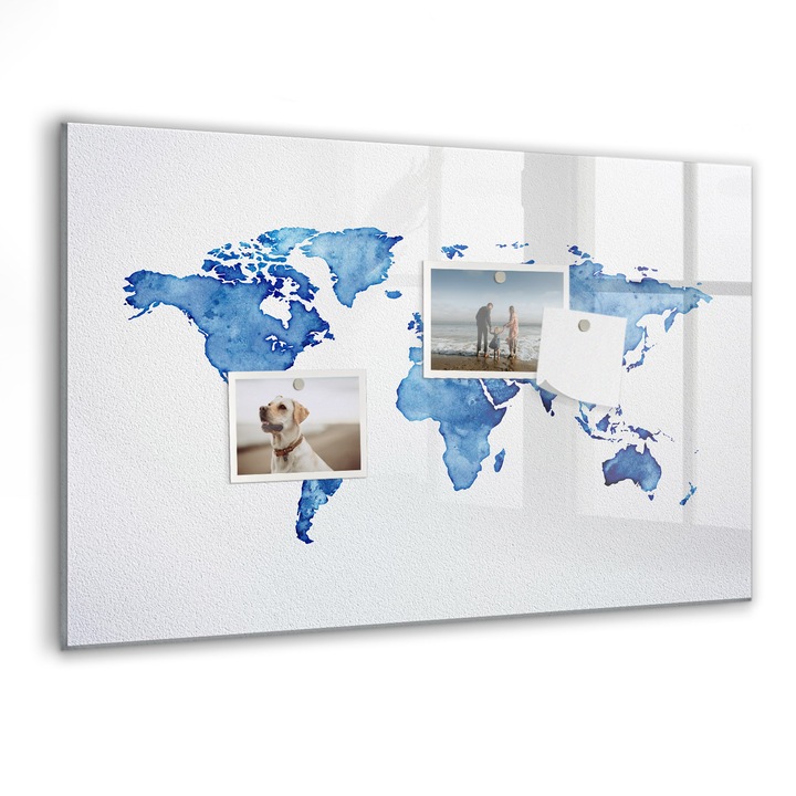 Tabla magnetica, Coloray, World Harta Acuarela, Albastru, 60 x 40 cm, Magneti, Marker negru, 010640700010300088703