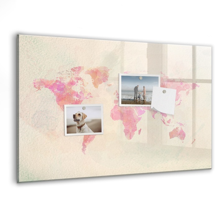 Tabla magnetica, Coloray, Harta lumii de acuarela, Roz, 60 x 40 cm, Magneti, Marker negru, 010640700010300088638