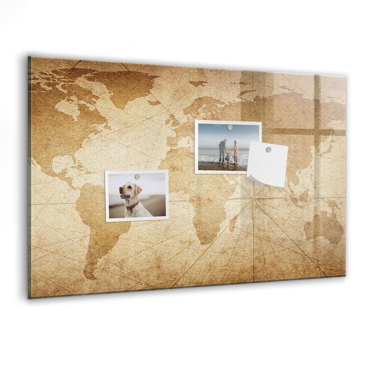 Tabla magnetica, Coloray, Harta mondiala vintage, Maro, 60 x 40 cm, Magneti, Marker negru, 010640700010300088620