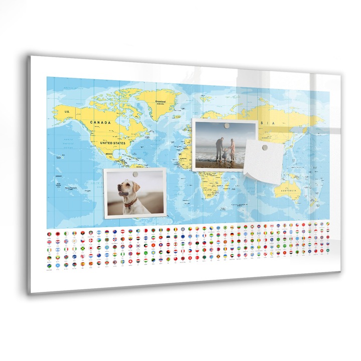 Tabla magnetica, Coloray, Harta lumii si steagul, Multicolor, 60 x 40 cm, Magneti, Marker negru, 010640700010300088602