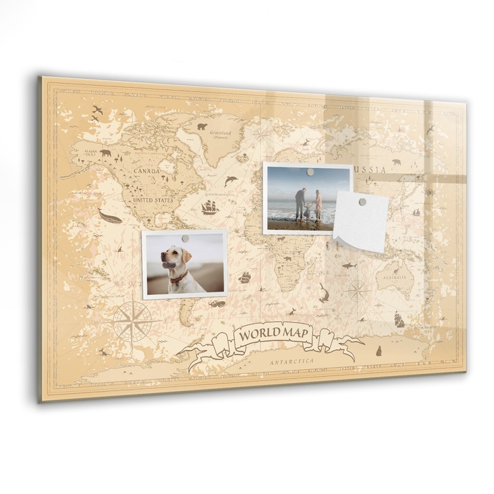 Tabla magnetica, Coloray, Harta mondiala vintage, Maro, 60 x 40 cm, Magneti, Marker negru, 010640700010300088503