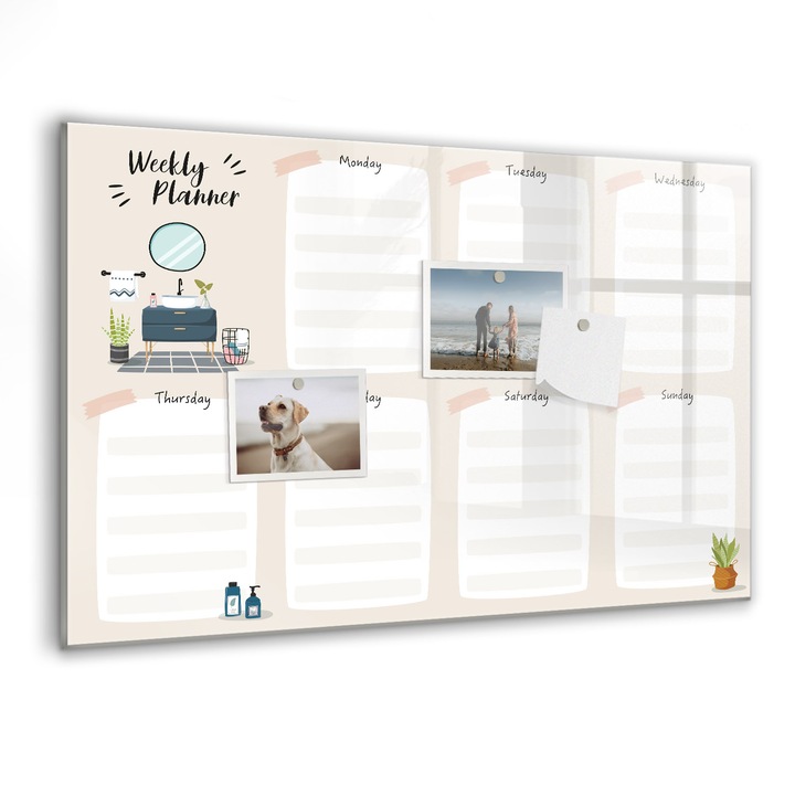 Tabla magnetica, Coloray, Planificator saptamanal, Gri bej, 60 x 40 cm, Magneti, Marker negru, 010640700010300088449