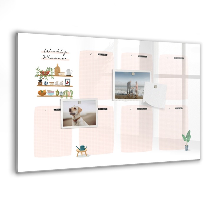 Tabla magnetica, Coloray, Planificator saptamanal, Roz, 60 x 40 cm, Magneti, Marker negru, 010640700010300088446