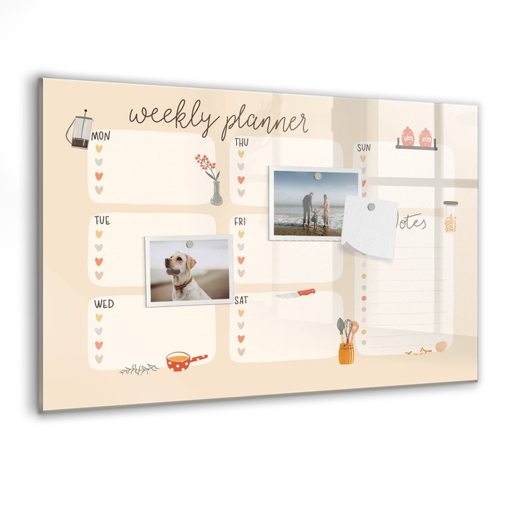 Tabla magnetica, Coloray, Planificator saptamanal, Galben, 60 x 40 cm, Magneti, Marker negru, 010640700010300260236