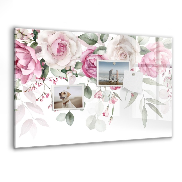 Tabla magnetica, Coloray, Trandafiri de acuarela, Roz, 60 x 40 cm, Magneti, Marker negru, 010640700010300088303