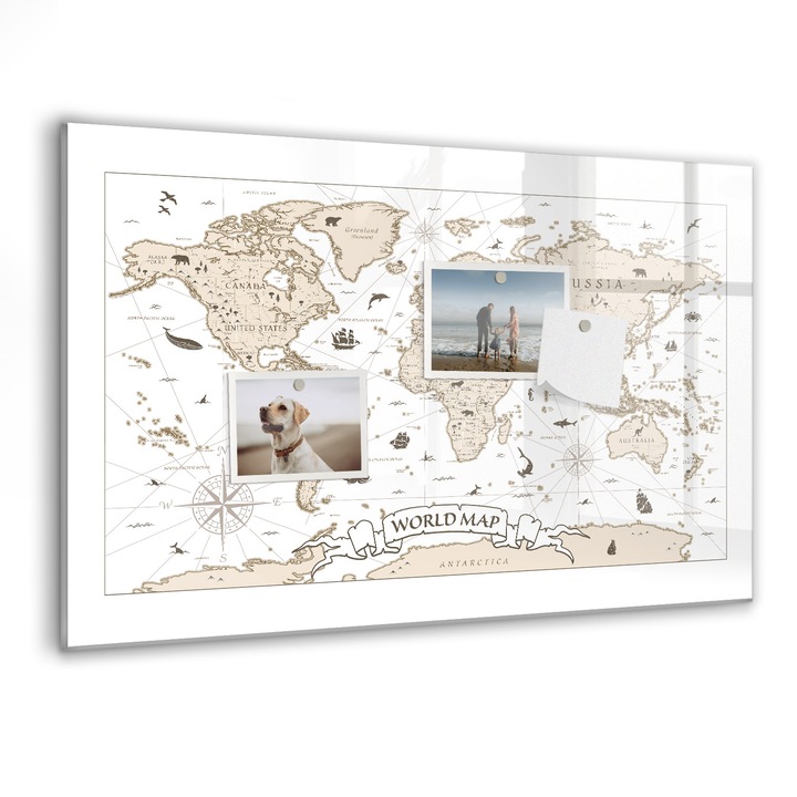 Tabla magnetica, Coloray, Harta mondiala vintage, Alb, 60 x 40 cm, Magneti, Marker negru, 010640700010300088504