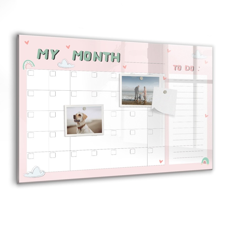 Tabla magnetica, Coloray, Planificator lunar pentru copii, Roz, 60 x 40 cm, Magneti, Marker negru, 010640700010300088358