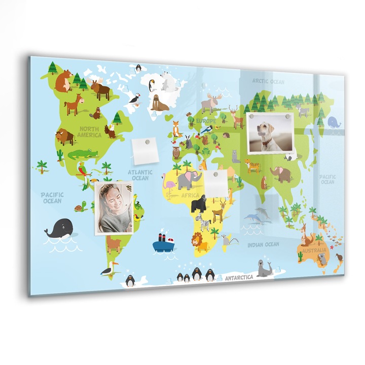 Tabla magnetica, Coloray, Harta lumii cu animale, Multicolor, 90 x 60 cm, Magneti, Marker negru, 010640700060300007751