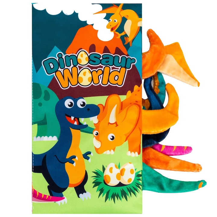 Jucarie Interactiva Montessori pentru Copii - Carte Senzoriala Fosnitoare pentru Bebelusi - Contine Elemente Multicolore Textile 3D - Ideala pentru Activitati Educative - Design Dinozauri