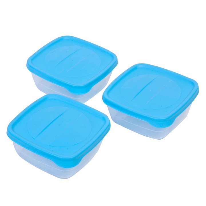 Set 3 caserole alimentare cu capac Shopiens®, din plastic transparent si capac albastru, 500 ml