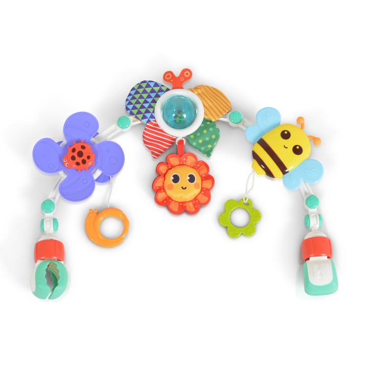 Arcada cu jucarii zornaitoare Flower pentru patut/carucior/saltea de joaca/scaun auto/sezlong sau masuta, Prindere universala, Jucarii de dentitie si fosnaitori