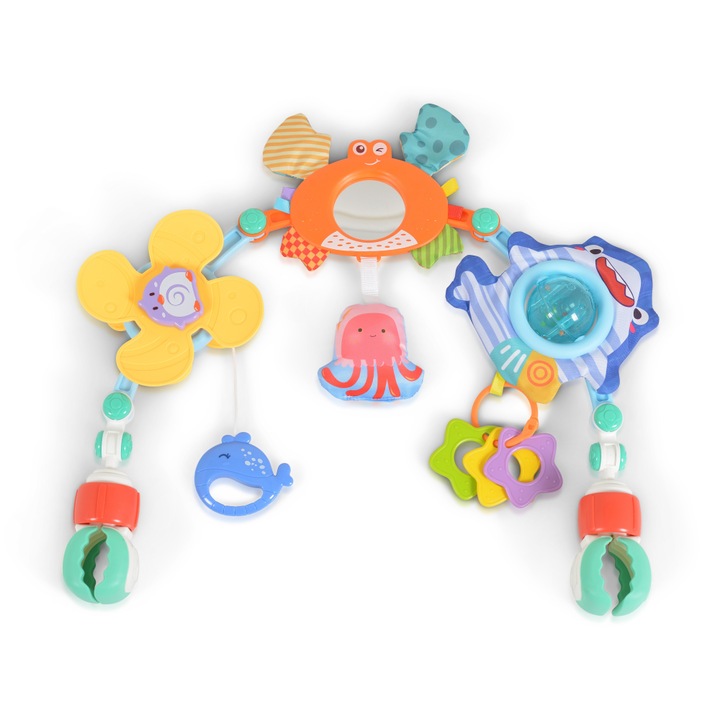 Arcada cu jucarii zornaitoare Ocean pentru patut/carucior/saltea de joaca/scaun auto/sezlong sau masuta, Prindere universala, Jucarii de dentitie si fosnaitori